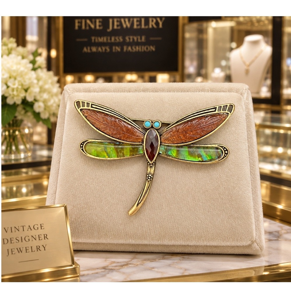 Vintage Liz Claiborne Dragonfly Brooch Amber Abalone Shell Gold Tone